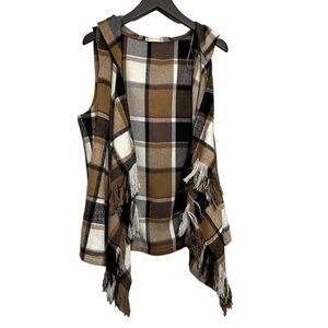 Altard State Women's Brown Plaid Hooded Cardigan Vest Size large